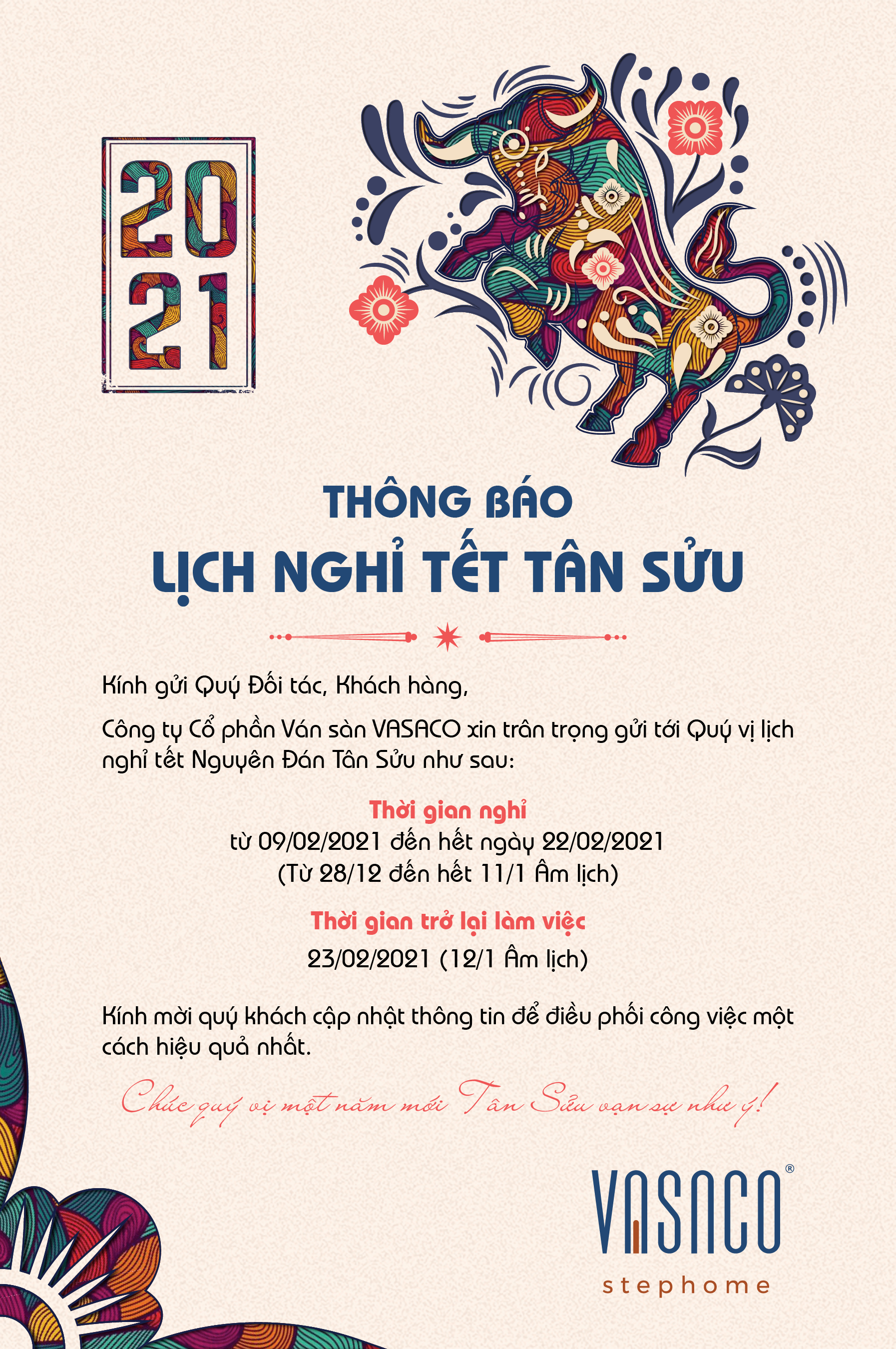 Thông báo lịch nghỉ tết Tân Sửu - Ván sàn VASACO